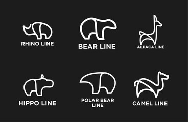Naklejka premium Minimalist Line Art Animal Logos Collection: Rhino, Bear, Alpaca, Hippo, Polar Bear, Camel Designs