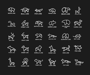 Naklejka premium Collection of minimalist animal line art icons. Modern simple outline vector logos for wildlife, pets, and farm animals.