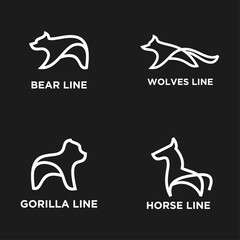 Fototapeta premium Modern Continuous Line Art Animal Logos: Bear, Wolves, Gorilla, Horse Minimalist Vector Designs for Branding and Identity