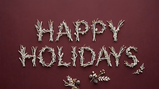 Happy Holidays text message created with white painted winter twigs on a dark red background