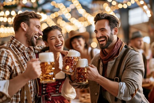 Group of happy friends celebrating Oktoberfest, woman and men laughing with beer mug in traditional bavarian costume. German folk festival and friendship concept. Autumn beer celebration