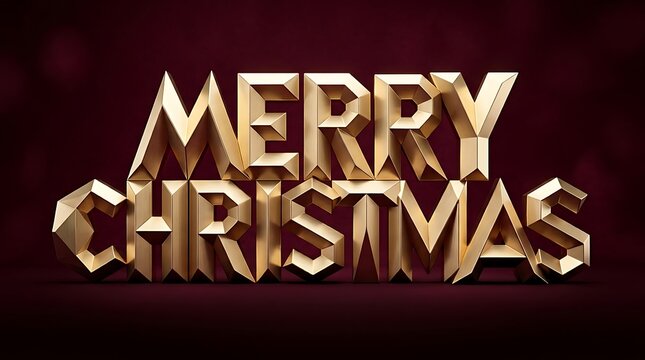 Merry Christmas gold lettering with metallic geometric typography on a deep red background