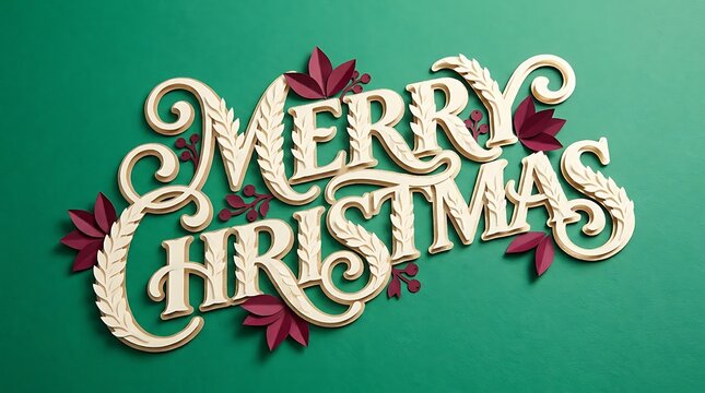 Merry Christmas typography design with elegant cream colored letters and burgundy paper craft foliage on a green background