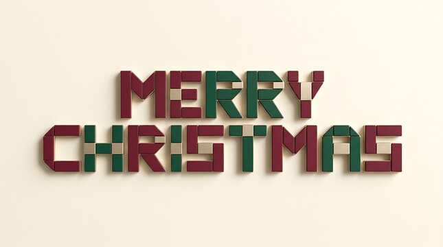 Merry Christmas typography made of colorful pixelated blocks on light background