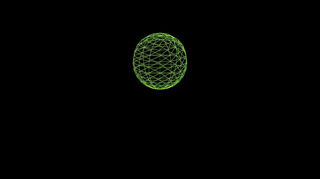 Green neon wireframe sphere rotating on a black background with copy space. Abstract digital planet, globe made of polygons and mesh in wireframe style.