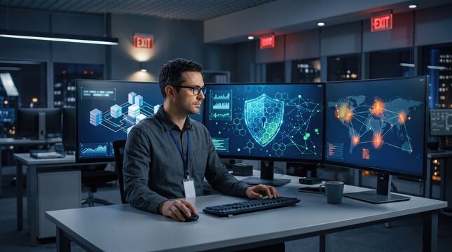 A cybersecurity professional analyzing data on multiple screens in a modern office environment.