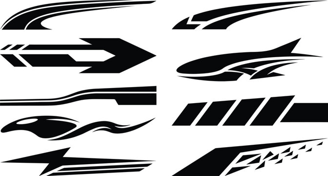 Set of black vehicle side decals featuring racing stripes, sharp arrow shapes, and abstract speed isolated on a white background