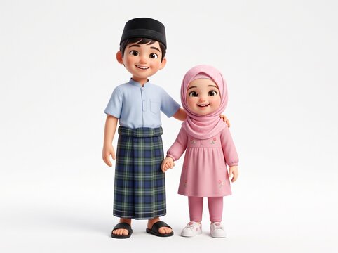 Cute 3D cartoon illustration of Muslim brother and sister holding hands in traditional clothing on a white background