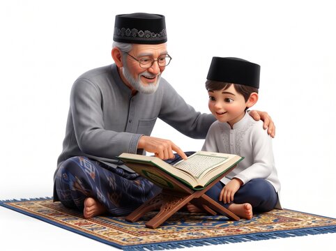 3D Illustration of an Elderly Muslim Man and Small Boy Reading Holy Quran Together on Prayer Mat
