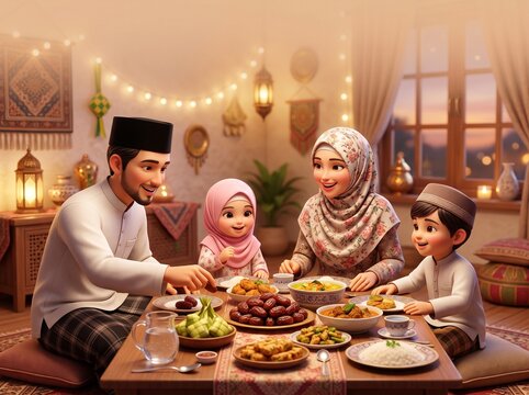 Happy Muslim Family Sharing a Traditional Iftar Meal Together During the Holy Month of Ramadan at Home
