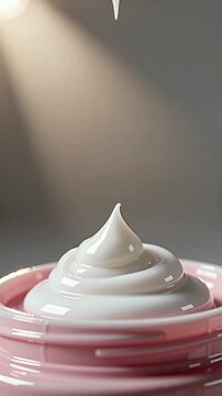 Thick White Beauty Cream Pouring into Pink Ceramic Jar with Copy Space