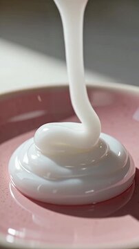 White Moisturizing Cream Swirling on Pink Ceramic Surface with Copy Space