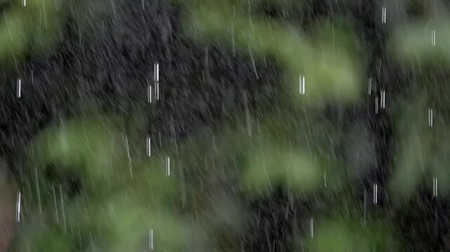 Slow motion footage of raindrops falling and splashing on a metal railing with blurred greenery in background.