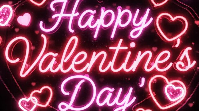 Happy Valentine's Day neon sign with floating pink hearts