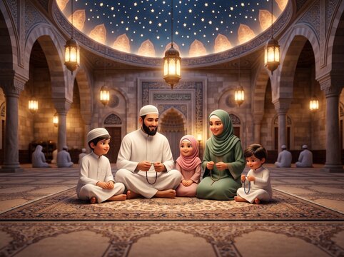 A happy Muslim family sitting together in a beautiful mosque under a starry dome, reflecting religious spirituality and togetherness