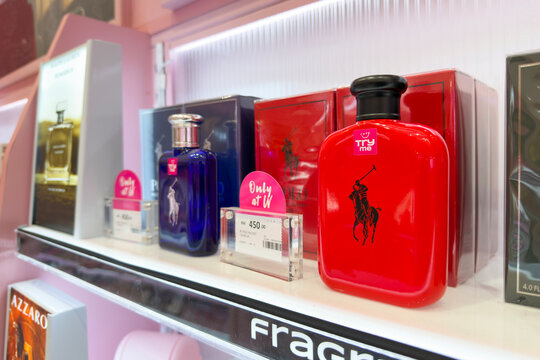 Polo Ralph Lauren fragrance bottles and packaging displayed for sale at a retail store in Malaysia.