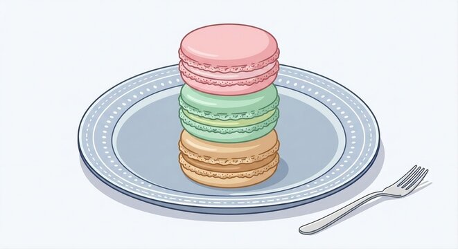 Aesthetic Macaron Tower Illustration on Plate
Stack of Colorful French Macarons Vector Art
Menara Makaron Estetik: 3 Rasa Manis & Pastel