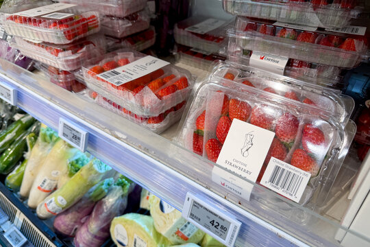 PENANG, MALAYSIA - AUG 18, 2026: Chitose strawberries displayed in refrigerated supermarket produce section.