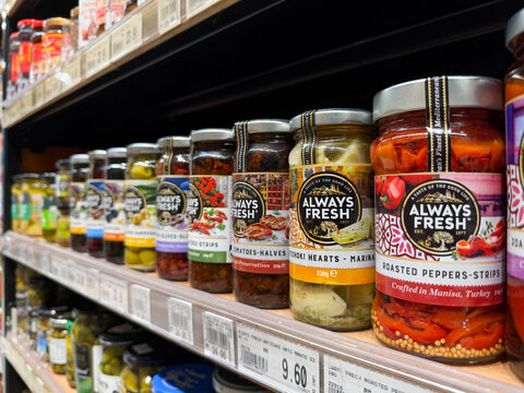PENANG, MALAYSIA - AUG 18, 2026: Always Fresh preserved vegetables in glass jars displayed on supermarket shelf.