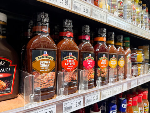 PENANG, MALAYSIA - AUG 18, 2026: McCormick Grill Mates barbecue sauces displayed on supermarket shelf.
