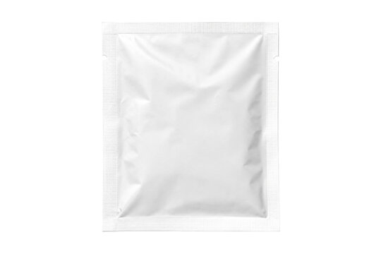 Blank white foil sachet with tear notches, perfect for product mockups, isolated on a clean white background