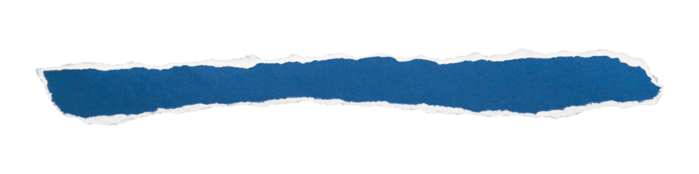 Narrow blue ripped paper strip with rough torn edges on transparent background