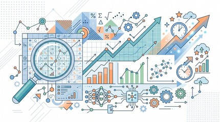 Naklejka premium Predictive big data analytics illustration with statistical patterns, forecast charts, connected datasets and machine learning technology for business insights.