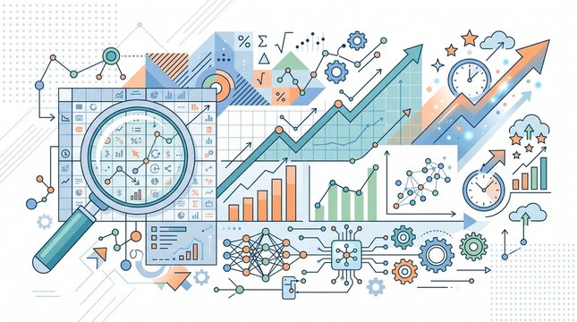 Predictive big data analytics illustration with statistical patterns, forecast charts, connected datasets and machine learning technology for business insights.