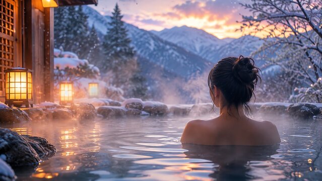 Woman relaxes in a steaming outdoor hot spring overlooking snowy mountains at sunset