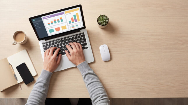 Top view of businessman hands typing on laptop analyzing financial data and charts on wooden desk with coffee and smartphone in modern office