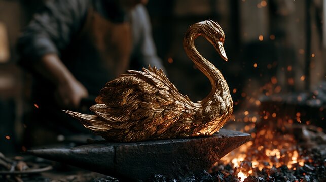 556. A psychological metaphor for Sublimation. A person channeling their dark, turbulent inner rage into pounding hot iron on an anvil, forging it into a breathtaking, delicate golden sculpture 