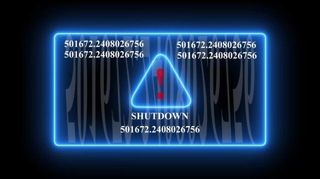 Urgent system shutdown warning interface with glowing red neon alert symbol and rapidly changing digital data streams for cyber security, software error notification, and critical 