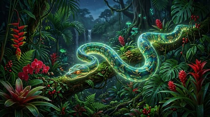 Obraz premium Glowing bioluminescent snake coiled on a mossy branch in a mystical tropical rainforest, fantasy jungle wildlife illustration.