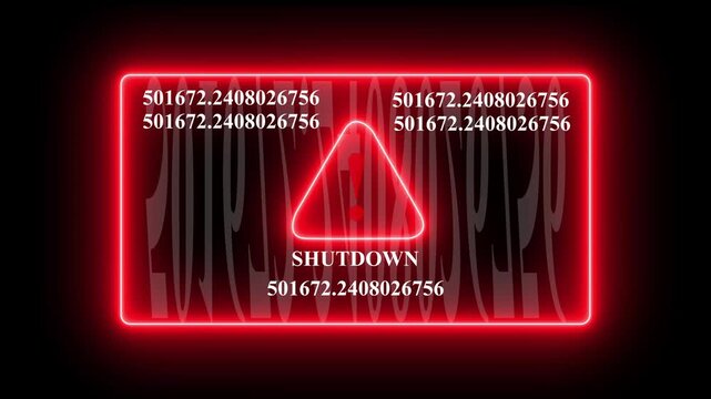 Urgent system shutdown warning interface with glowing red neon alert symbol and rapidly changing digital data streams for cyber security, software error notification, and critical 