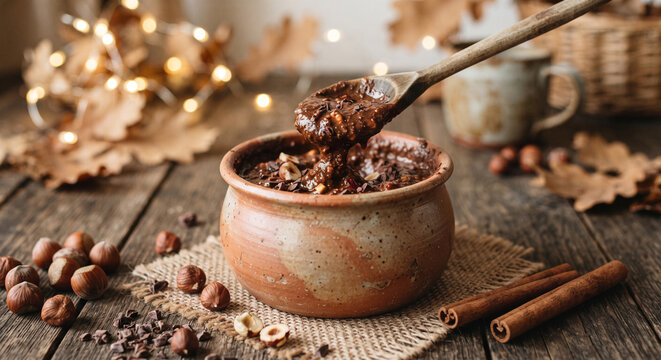 A cozy, rustic tabletop setting featuring a clay jar of homemade-style chunky hazelnut chocolate butter, a wooden spoon dripping with rich paste, cinnamon sticks