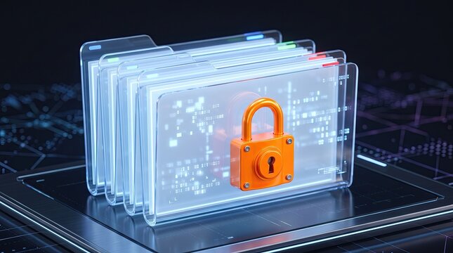 A digital lock secures transparent data cards displaying circuitry, showcasing modern cybersecurity and data protection.