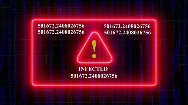 INFECTED cyber security warning alert featuring a glowing red neon infected system notification frame with rapidly changing 
