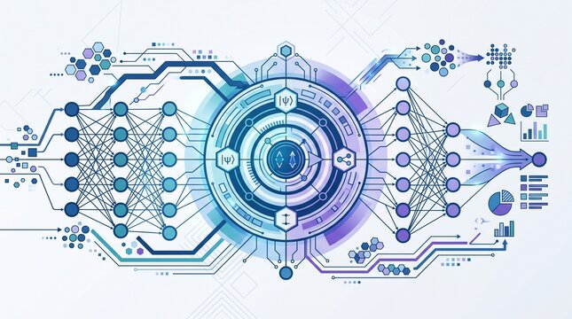 Quantum machine learning concept combining qubit processors, neural networks, algorithms and artificial intelligence for advanced data analysis and computational research.