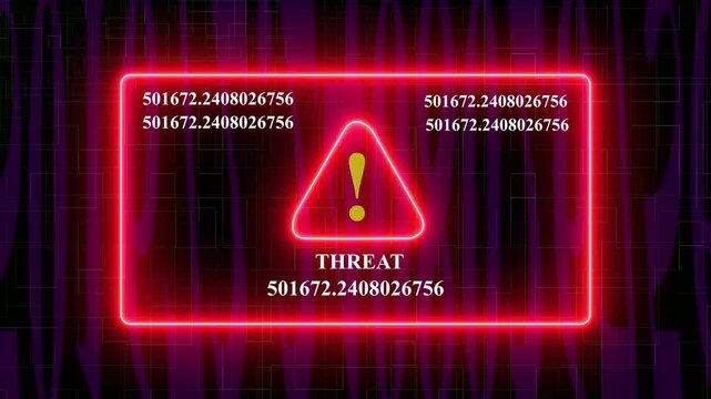 Cyber security alert interface featuring a glowing red neon warning symbol and rapidly changing digital data streams 