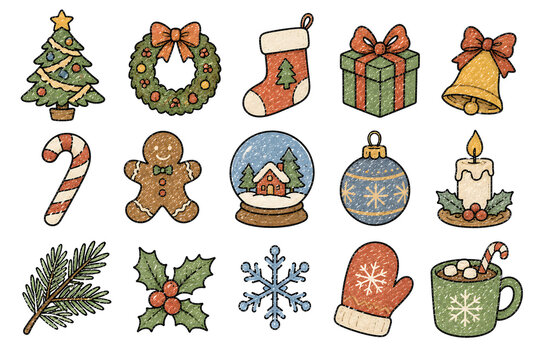 Christmas Cozy Chalk Doodle Icon Set - 15 Hand Drawn Chalk Objects