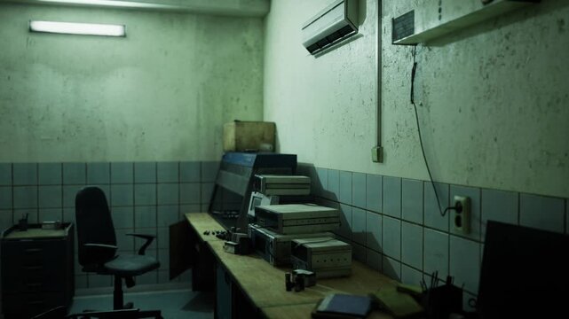 Derelict office interior with scattered debris and overturned chairs, dusty printers and stacked paperwork on long counter, cracked ceiling with exposed beams