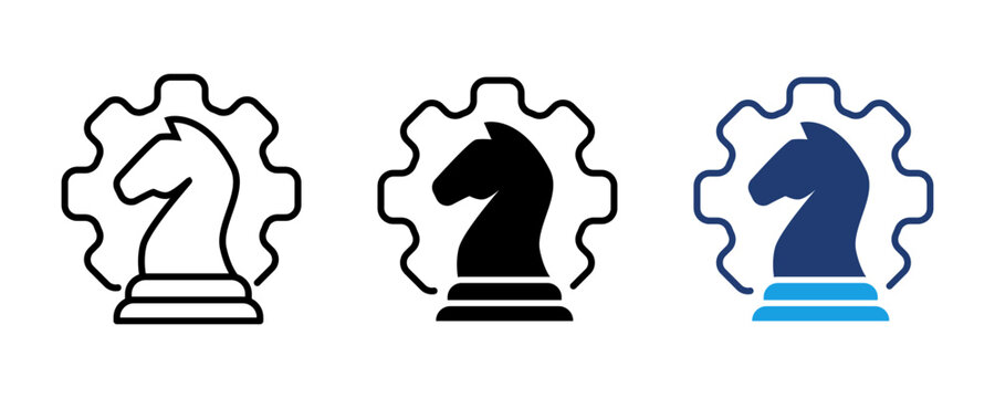 Business strategy icon. Chess knight and cog representing strategy, plan, leadership, management, intelligence. Vector and transparent PNG