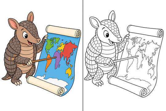 Cute cartoon armadillo pointing at world map, kids educational geography activity book coloring page vector illustration