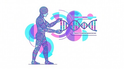 Naklejka premium Tech Human Figure Interacting With DNA Double Helix Flat Illustration