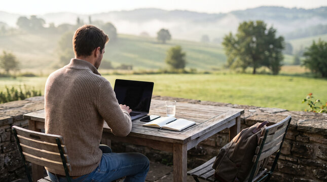 young man working remotely on laptop at outdoor terrace table with scenic mountain landscape and rural view