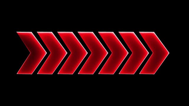 bright red neon light arrows pointing to the right. 3D rendering of glowing neon arrows on alpha transparent background. Flashing direction indicators.