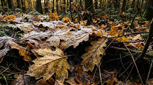 Frost-covered fallen autumn leaves on forest floor, crisp morning seasonal change, first frost of fall, golden oak foliage close-up.