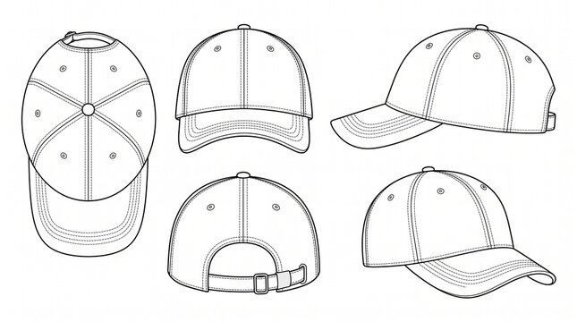 Baseball Cap Technical Sketch Vector Template - Front, Side, Back, Top, and Perspective Views
