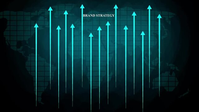 Brand strategy growth concept with glowing digital arrows and map background, business marketing ant 4k video 