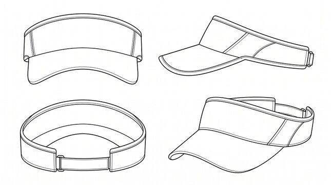 Sun Visor Hat Technical Sketch Set, Front, Side, and Back View Mockup, Outline Template for Fashion Design